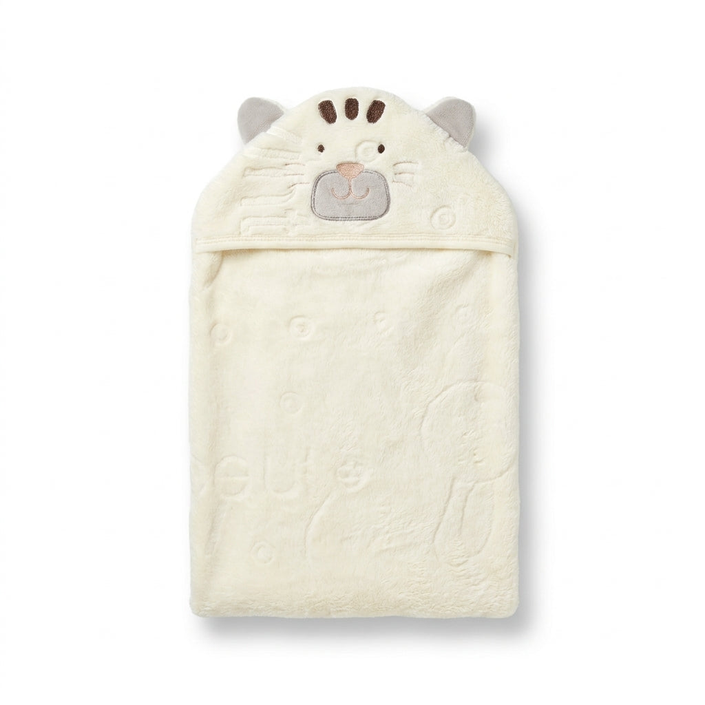 Winter Fur Hooded Wrapping Sheet Cute Cat Design Cream — Complete product view