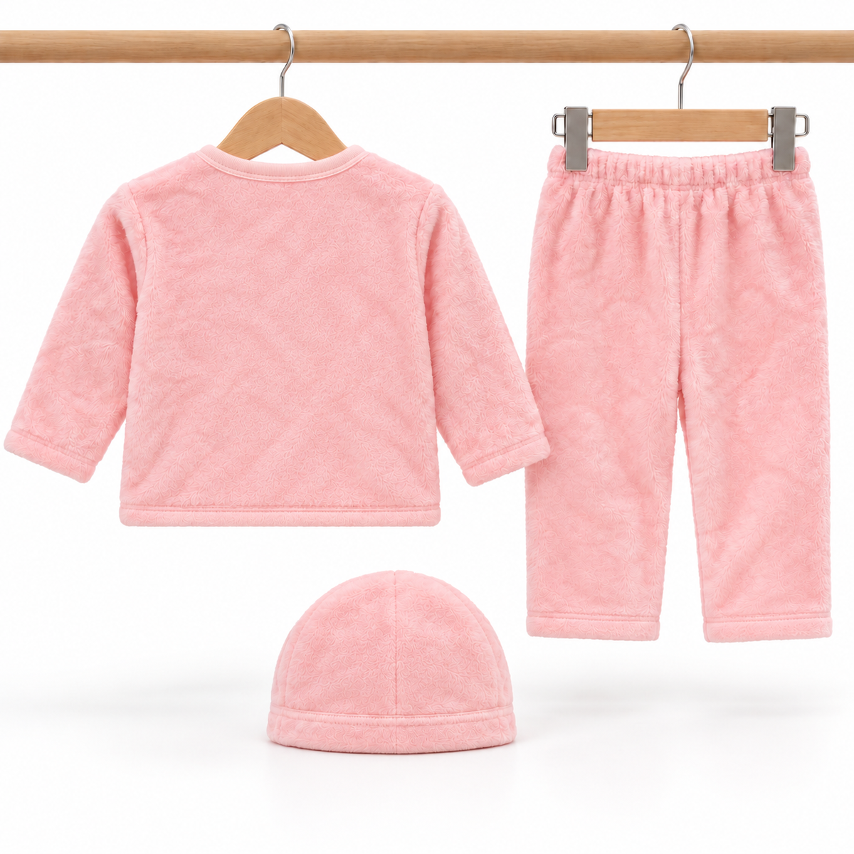 Winter Fur 3 Piece Suit With Cap – I Love Mom Pink — Rear view
