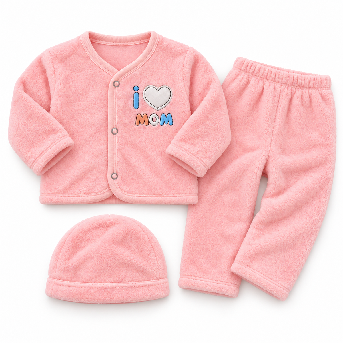 Winter Fur 3 Piece Suit With Cap - I Love Mom Pink - Folded set