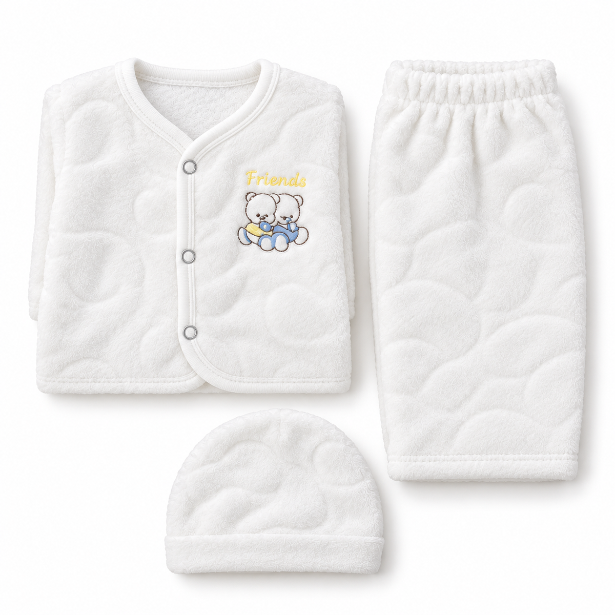 Winter Fur 3 Piece Suit With Cap – Friend Bear Embroidery White — Embroidery and design close-up
