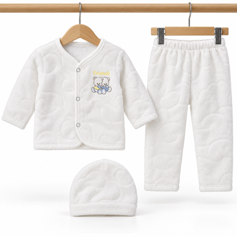 Winter Fur 3 Piece Suit With Cap – Friend Bear Embroidery White — Complete product view