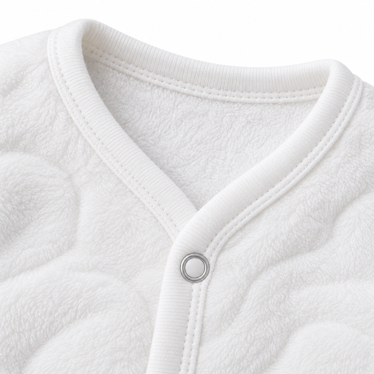 Winter Fur 3 Piece Suit With Cap - Friend Bear Embroidery White - Neckline and fastening detail