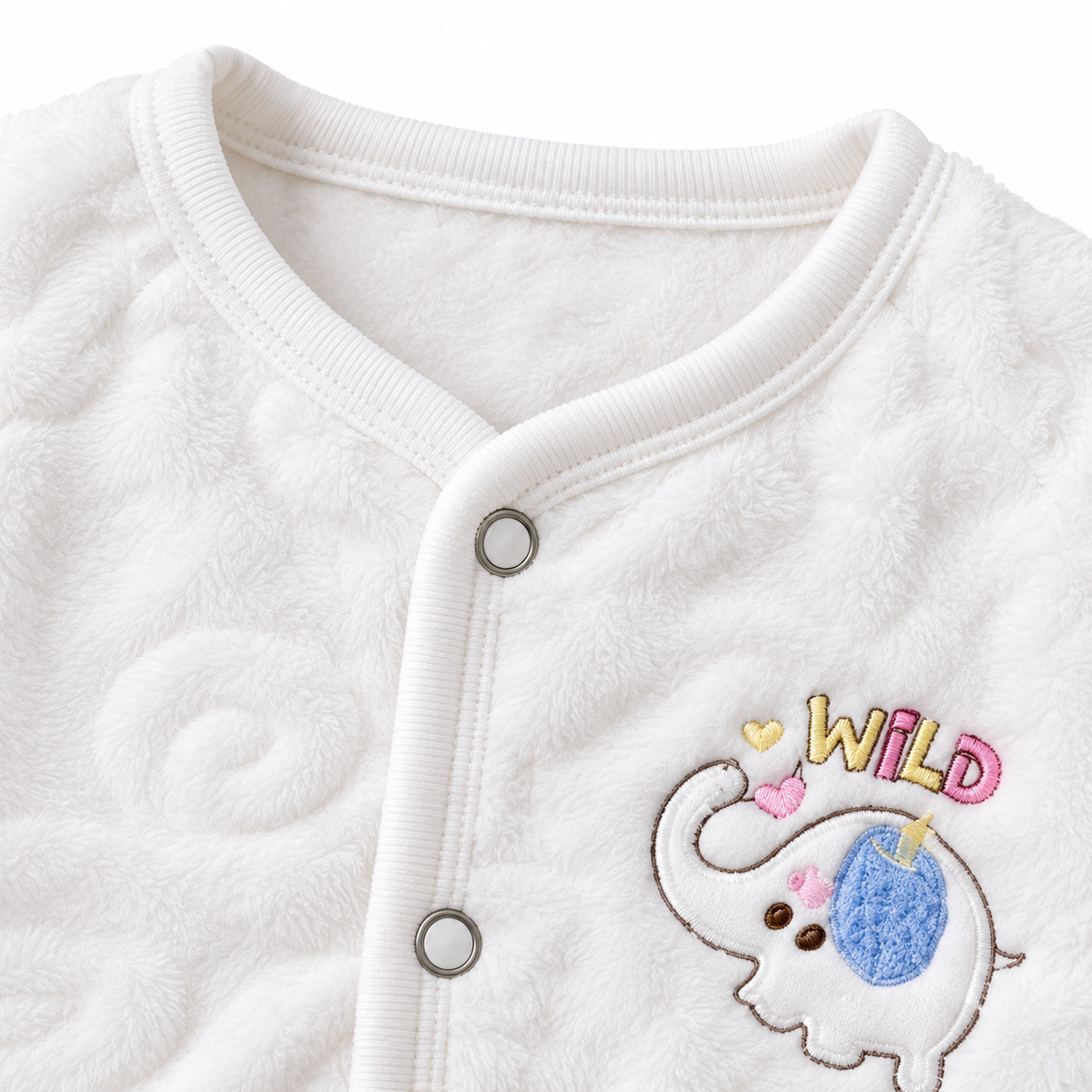 Winter Fur 3 Piece Suit With Cap – Wild Elephant Embroidery White — Elephant embroidery close-up
