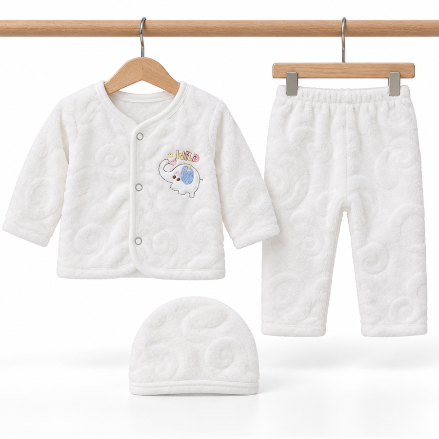 Winter Fur 3 Piece Suit With Cap – Wild Elephant Embroidery White — Complete set