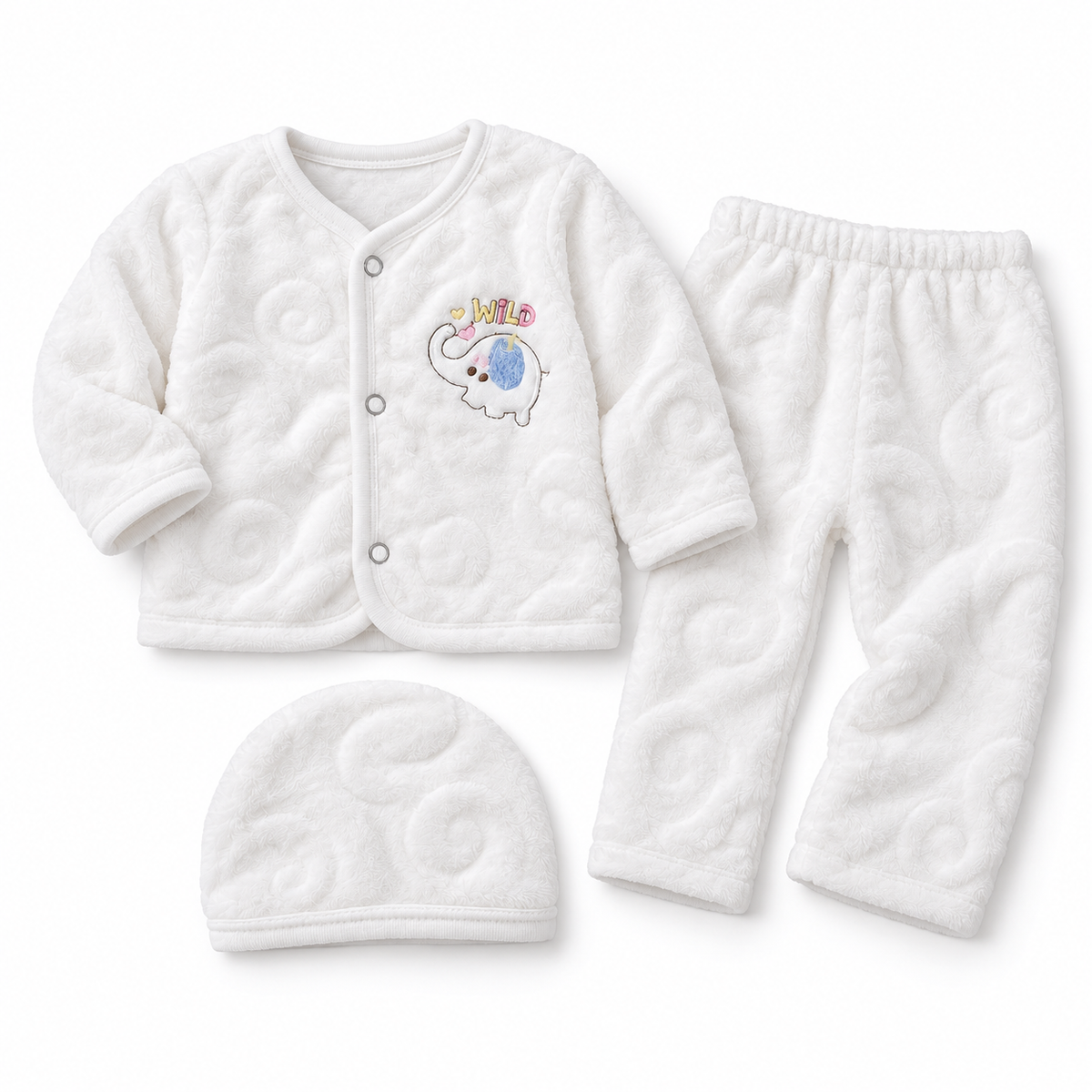 Winter Fur 3 Piece Suit With Cap - Wild Elephant Embroidery White - Folded set