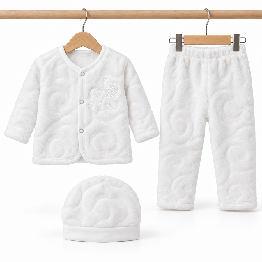Winter Fur 3 Piece Suit With Cap – Bunny Embroidery White — Embroidery and design close-up