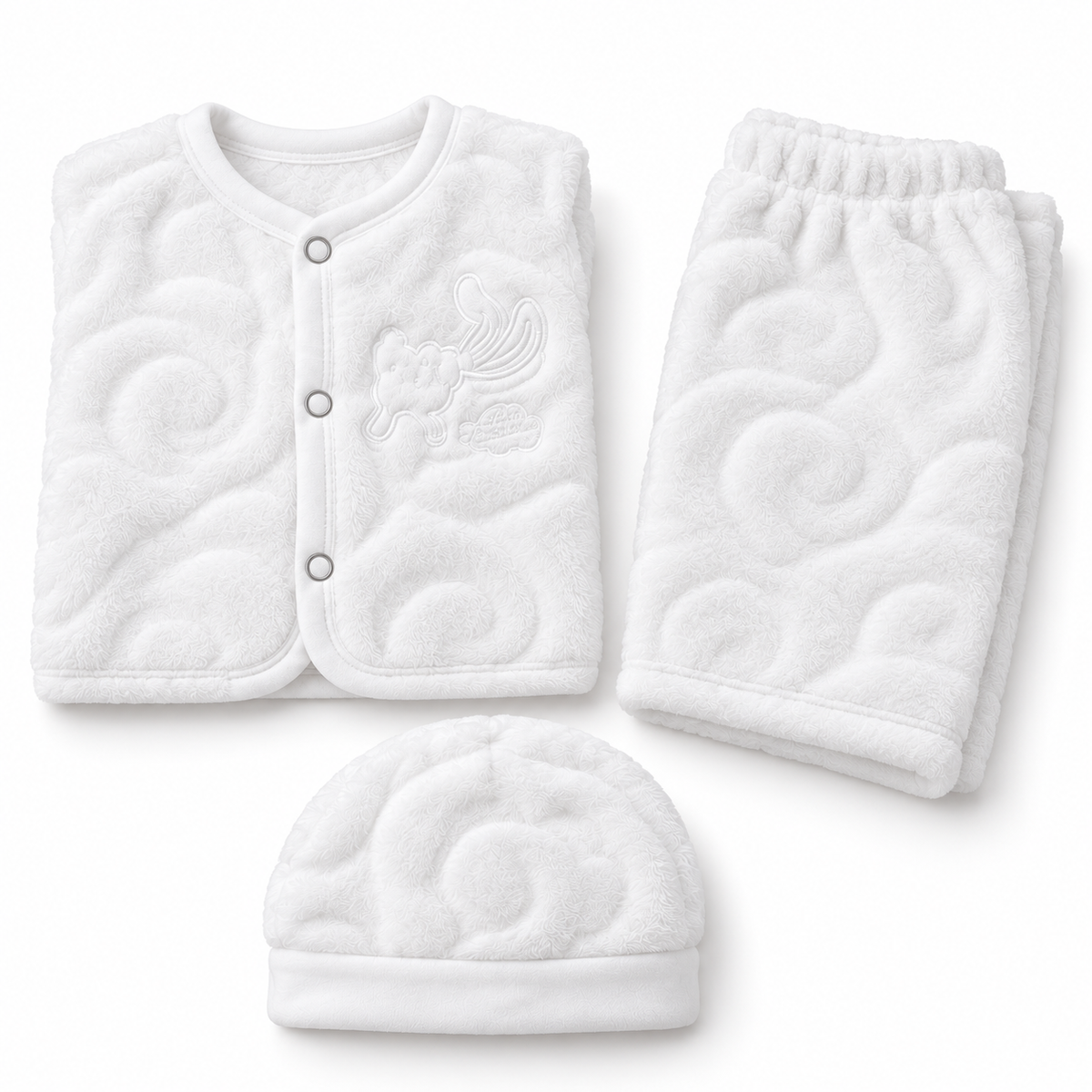 Winter Fur 3 Piece Suit With Cap – Bunny Embroidery White — Folded product
