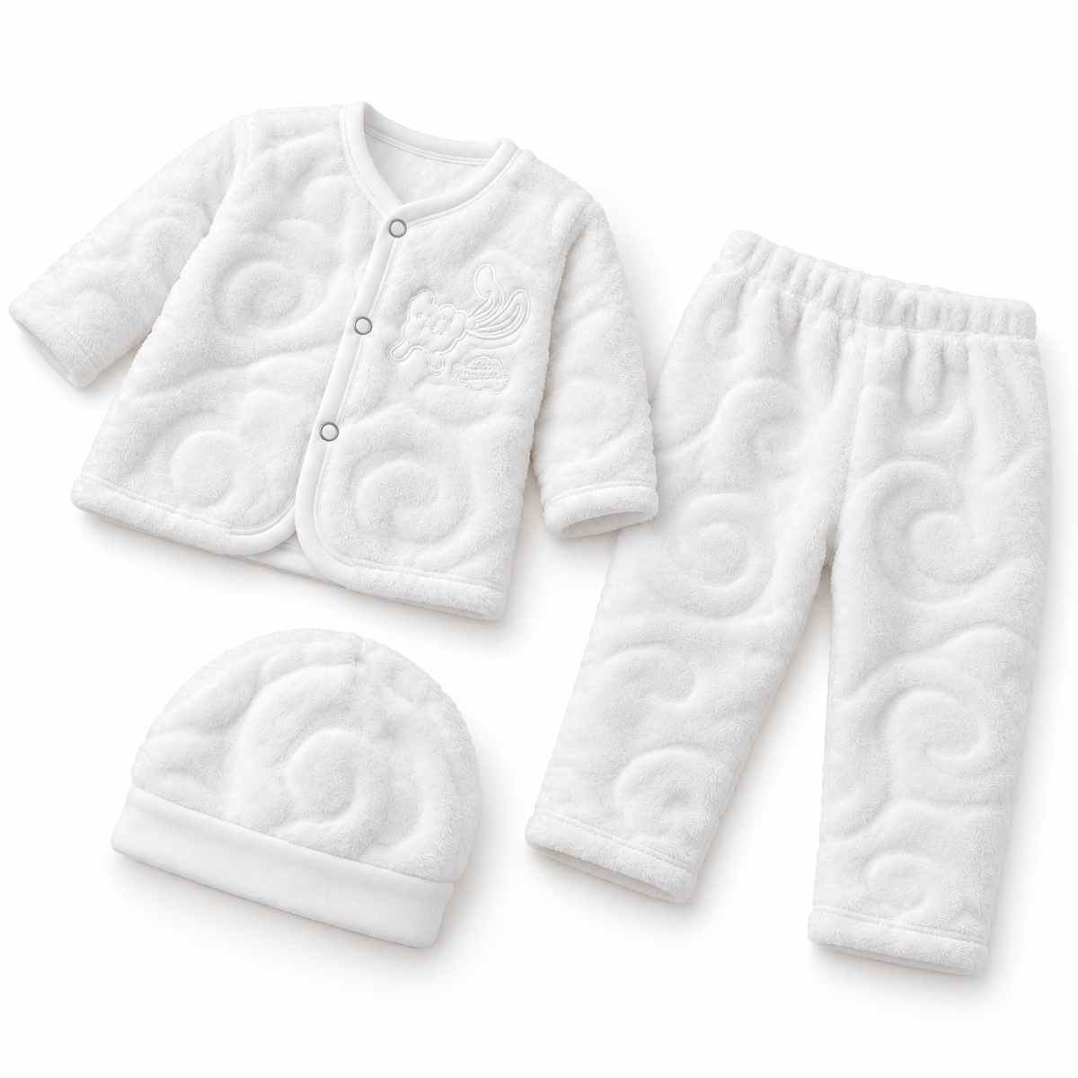 Winter Fur 3 Piece Suit With Cap - Bunny Embroidery White - Complete product view