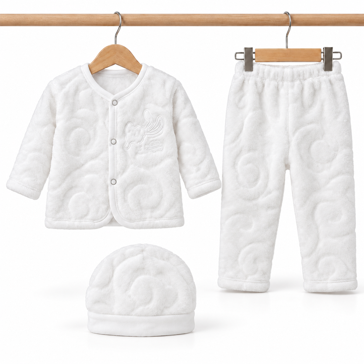 Winter Fur 3 Piece Suit With Cap - Bunny Embroidery White - Complete product view