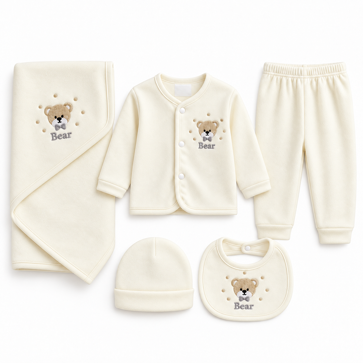 Winter Polar 5 Piece Set – Bear Embroidery Cream — Folded set