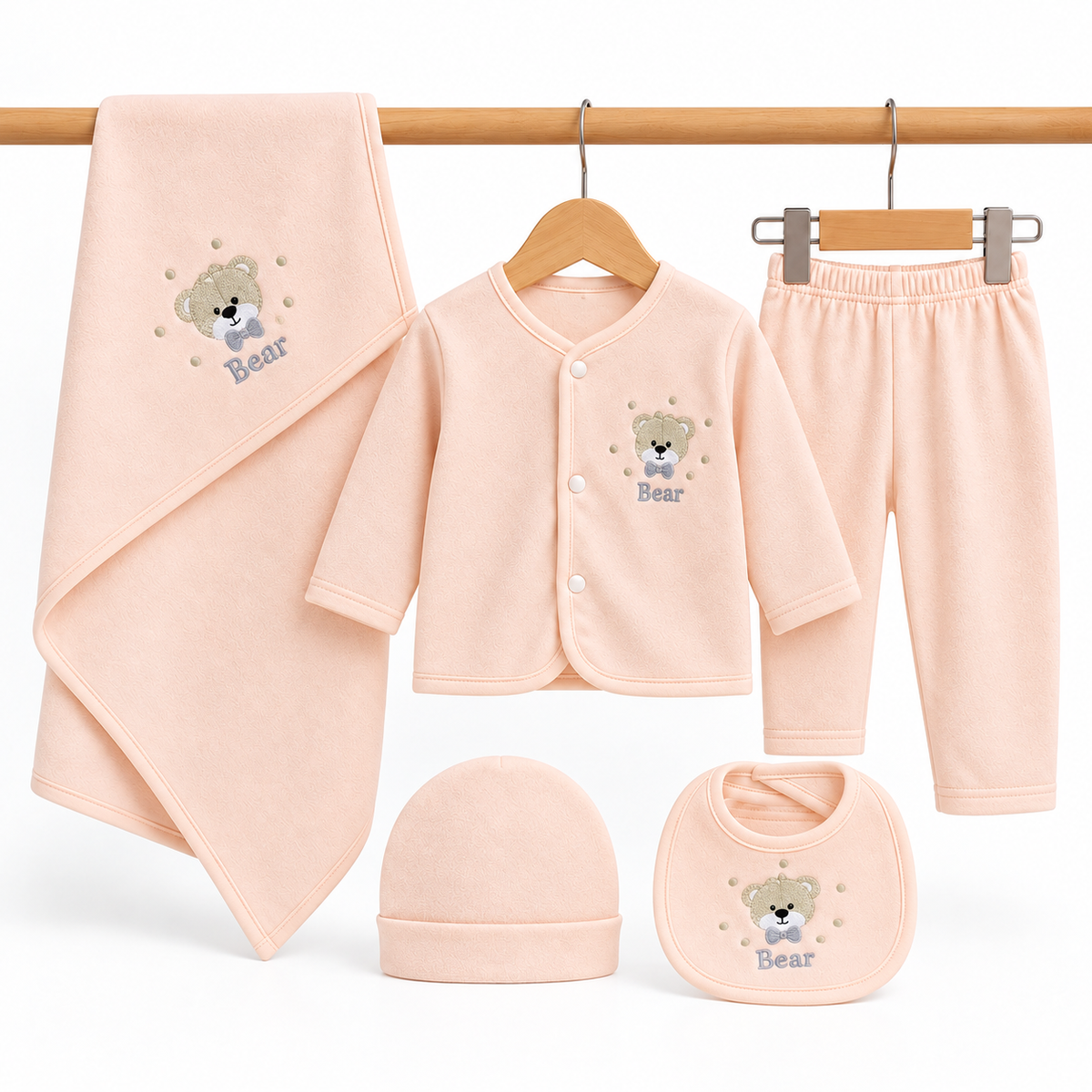 Winter Polar 5 Piece Set – Bear Embroidery Peach — Complete set