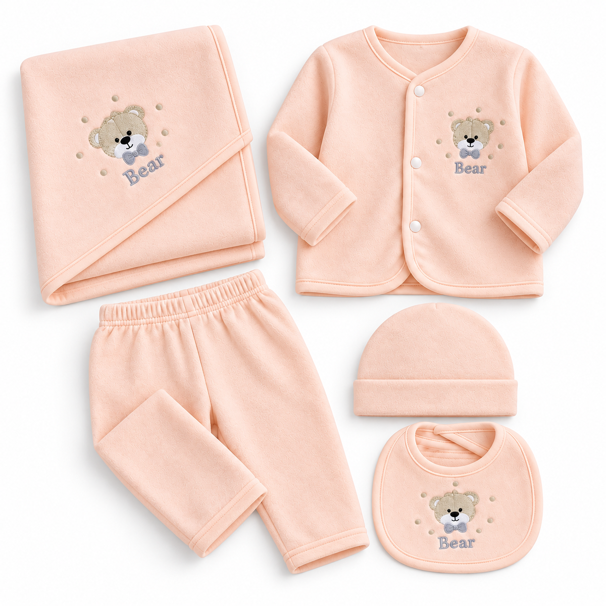 Winter Polar 5 Piece Set - Bear Embroidery Peach - Folded set