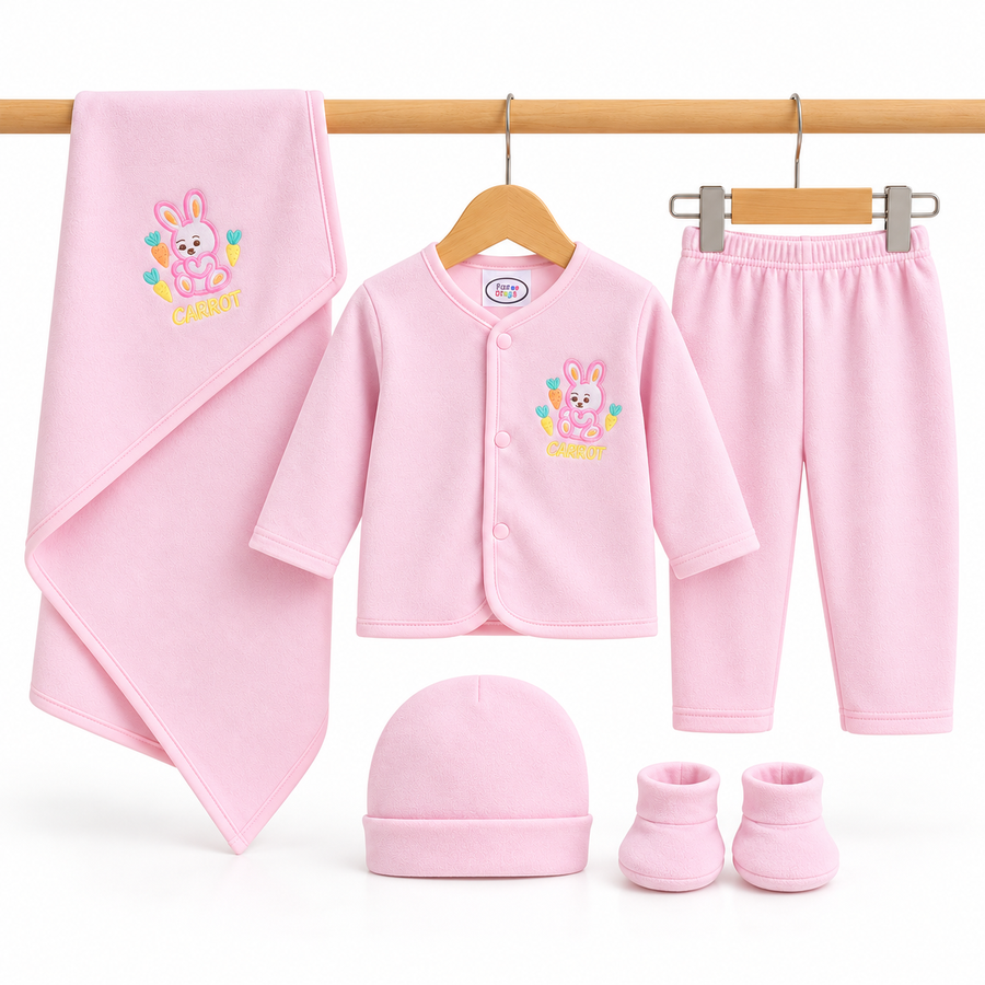 Winter Polar 5 Piece Set – Bunny Carrot Embroidery Pink — Complete set