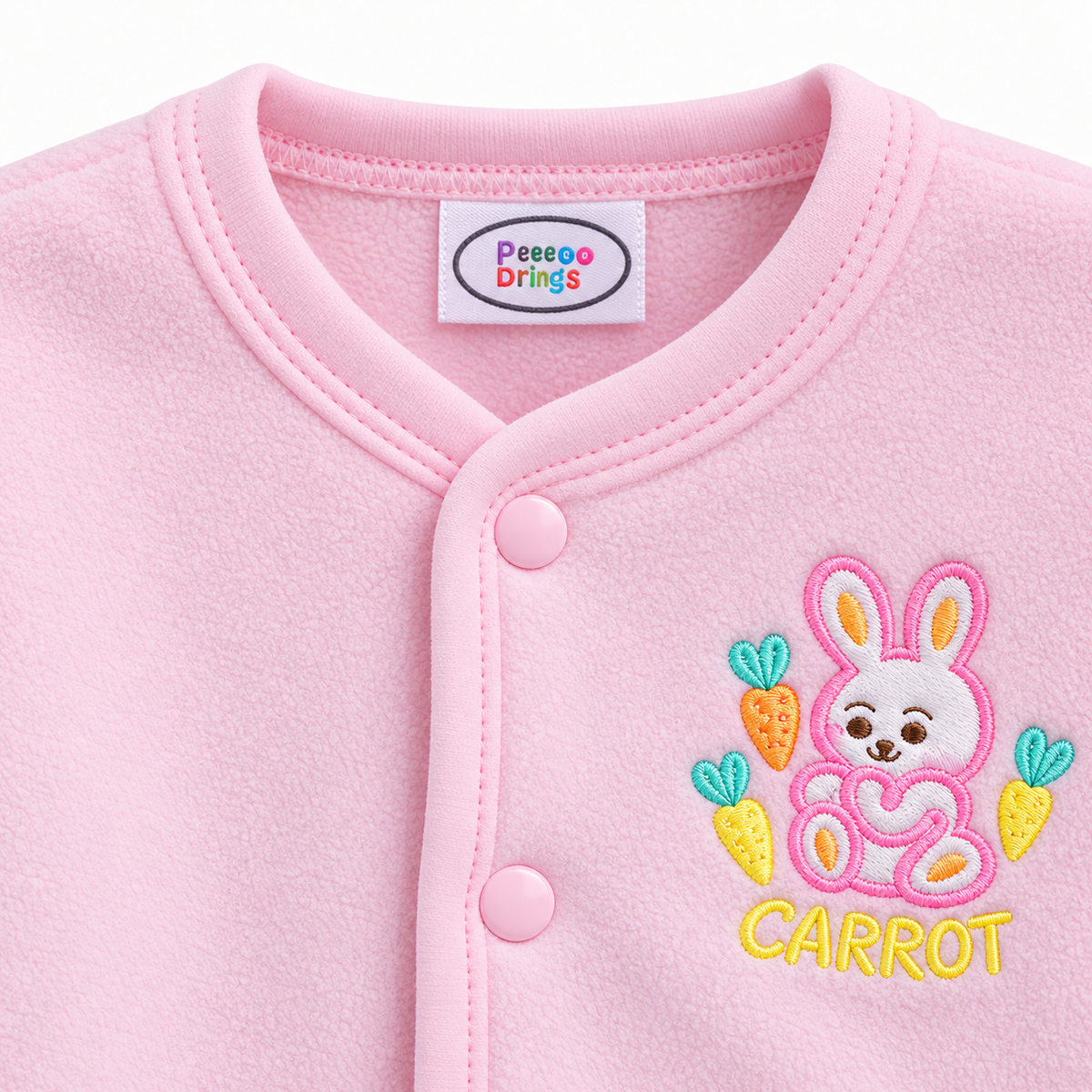 Winter Polar 5 Piece Set – Bunny Carrot Embroidery Pink — Neckline and snap detail