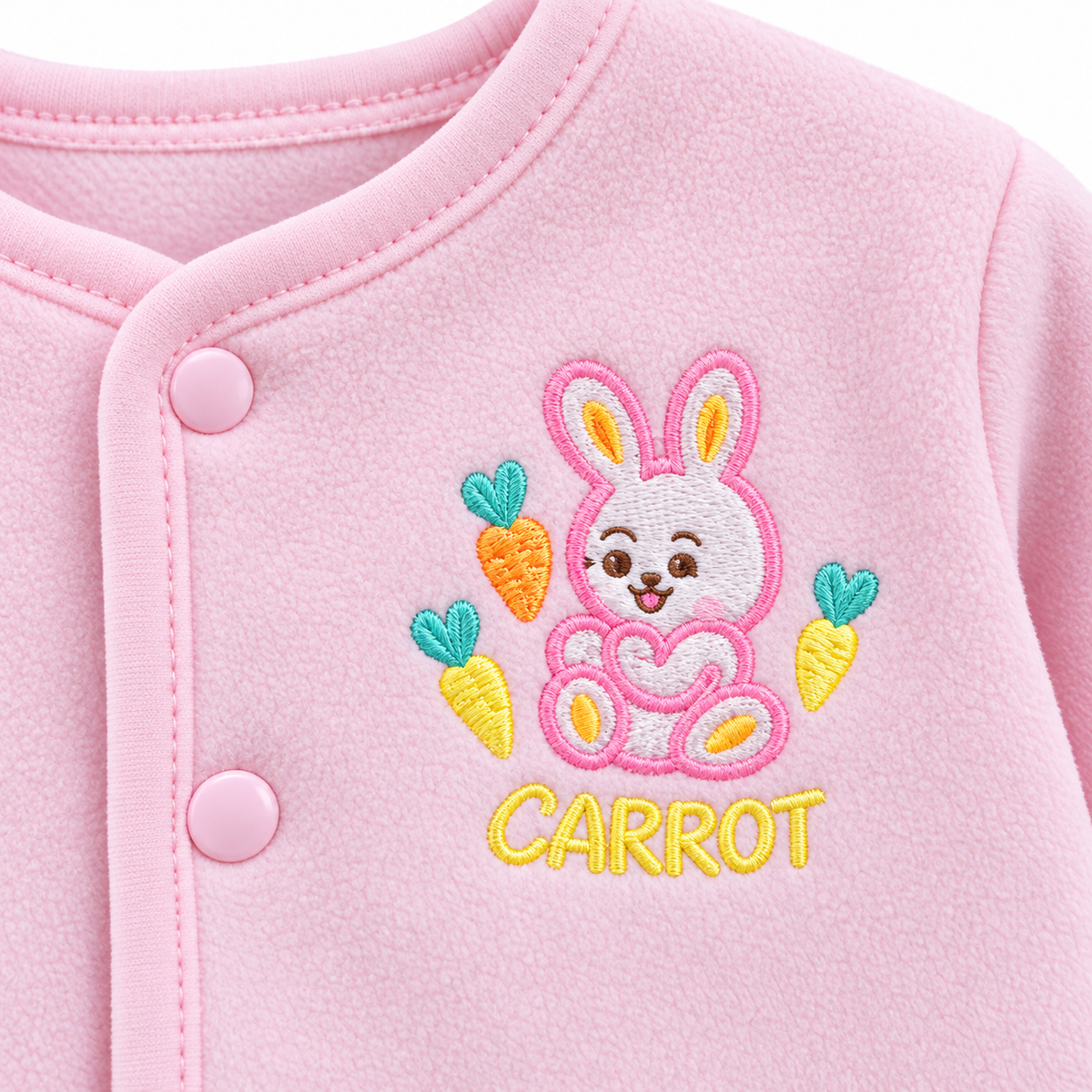 Winter Polar 5 Piece Set – Bunny Carrot Embroidery Pink — Bunny and carrot embroidery close-up