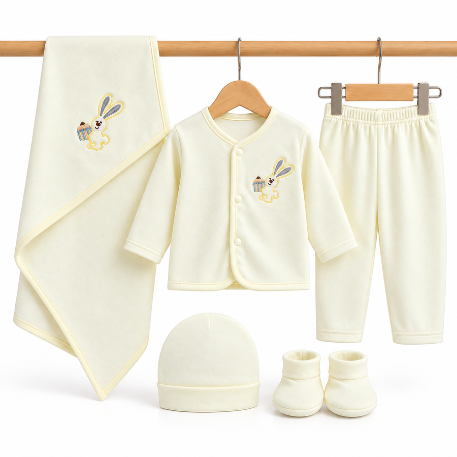 Winter Polar 5 Piece Set – Bunny Embroidery Cream — Complete product view