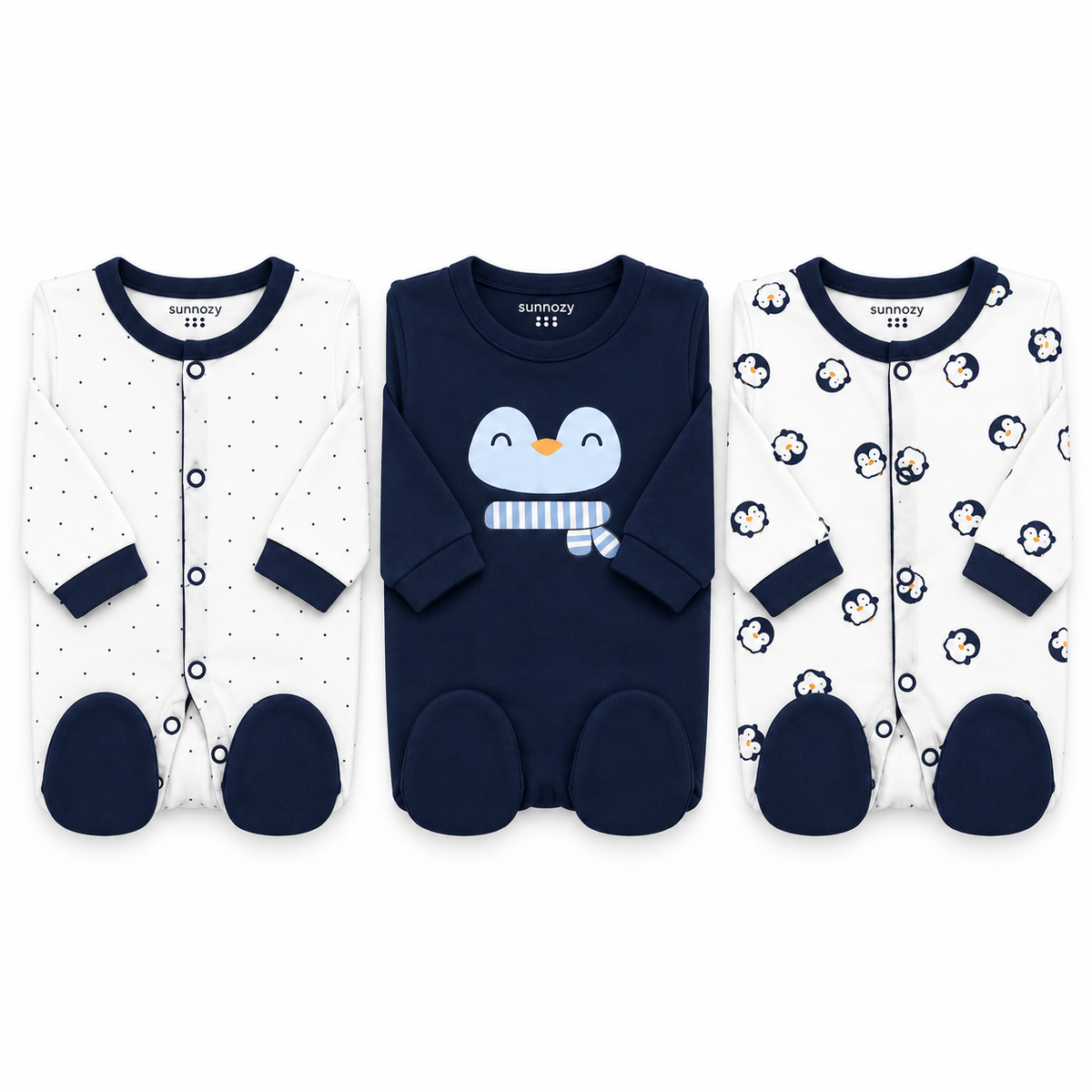 Penguin – Navy Blue & White baby footed romper