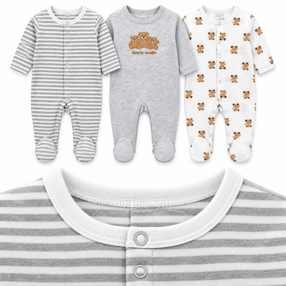 Bear – Grey & White baby footed romper