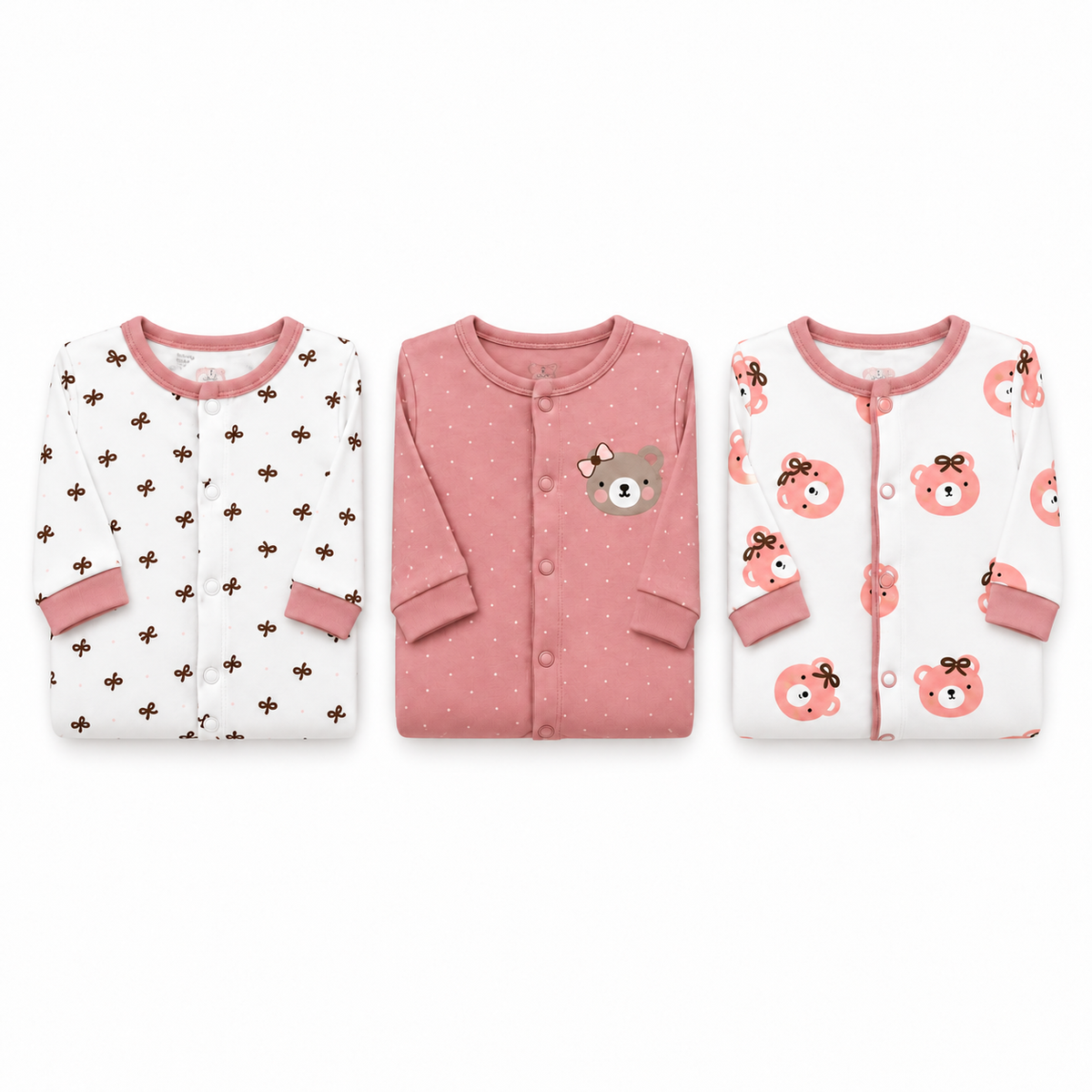 Cute Bear & Bow – Pink & White baby footed romper
