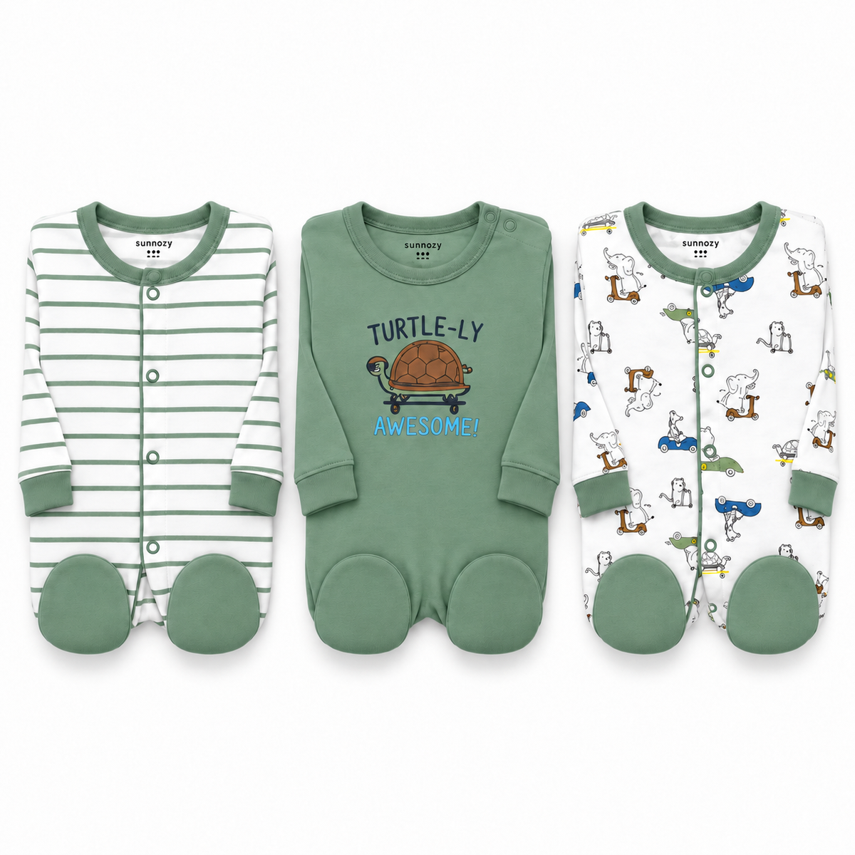 Turtle – Green & White baby footed romper