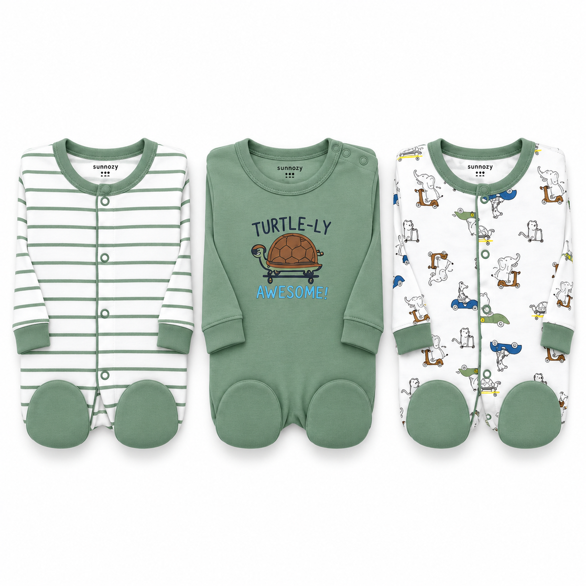 Turtle – Green & White baby footed romper