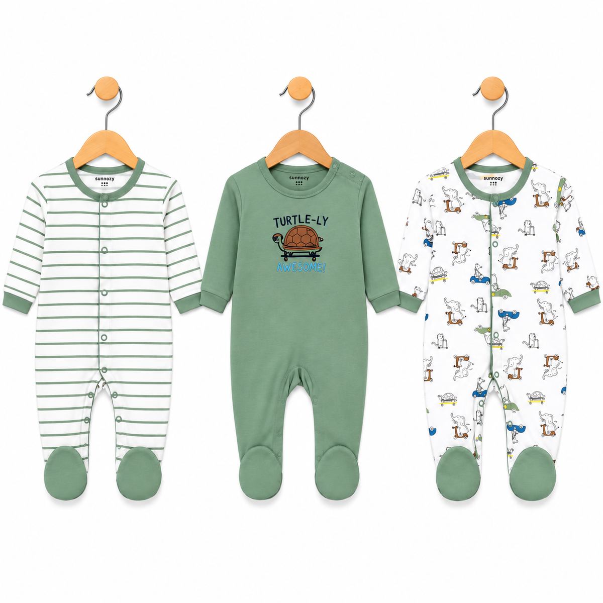 Turtle – Green & White baby footed romper