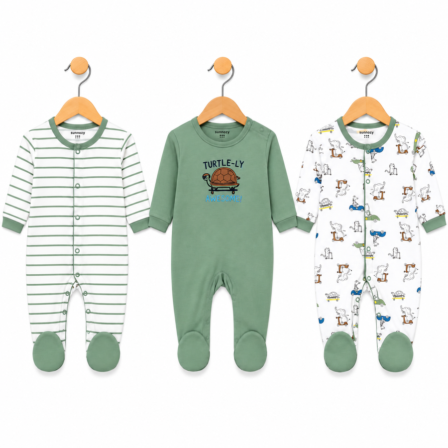 Turtle – Green & White baby footed romper