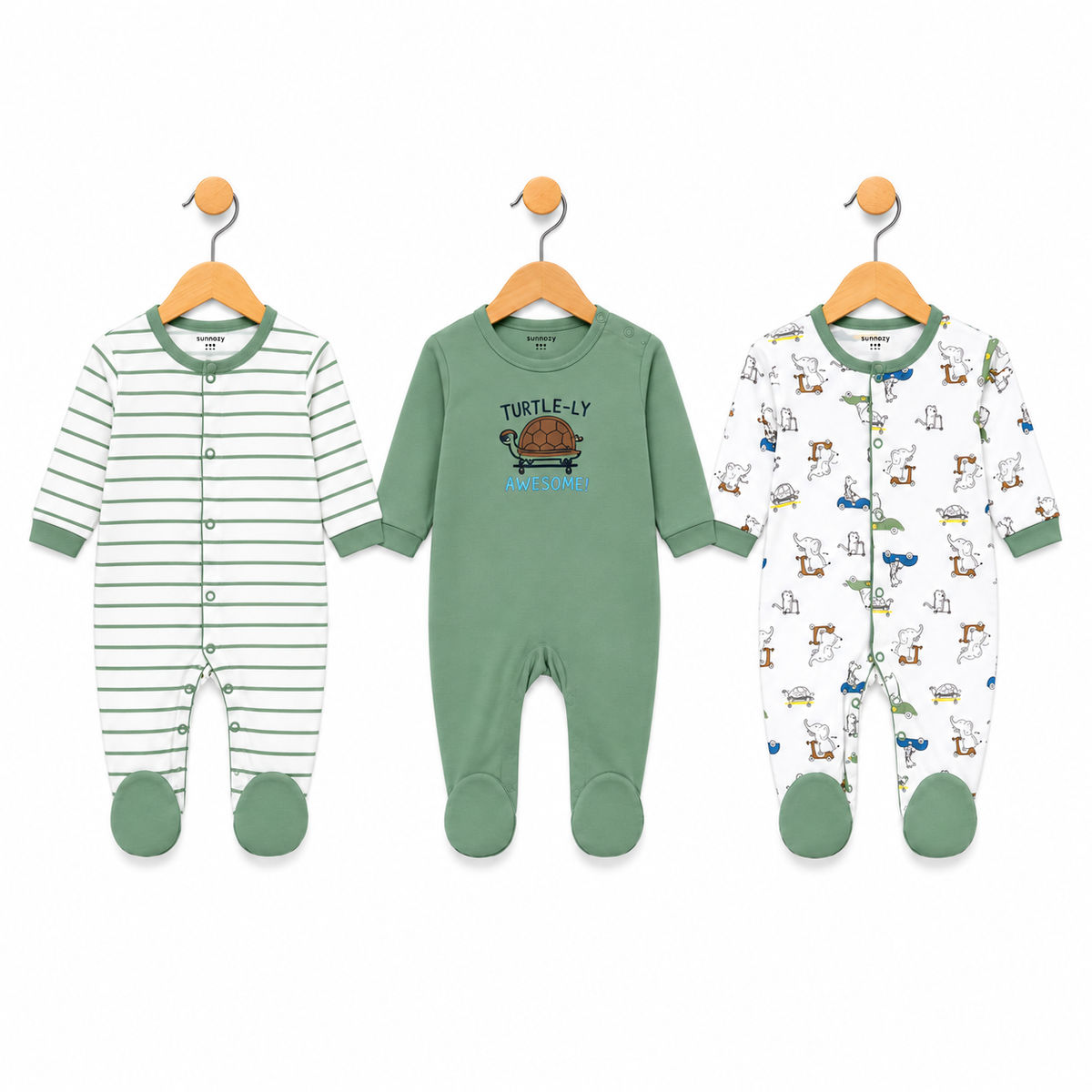 Turtle – Green & White baby footed romper