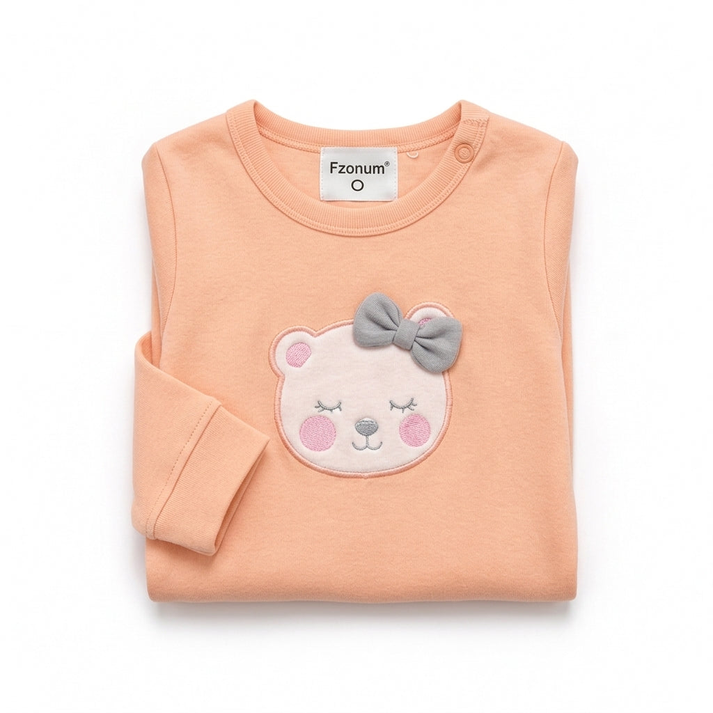 Bear – Peach & White baby footed romper