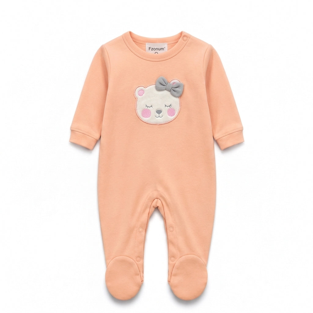 Bear – Peach & White baby footed romper