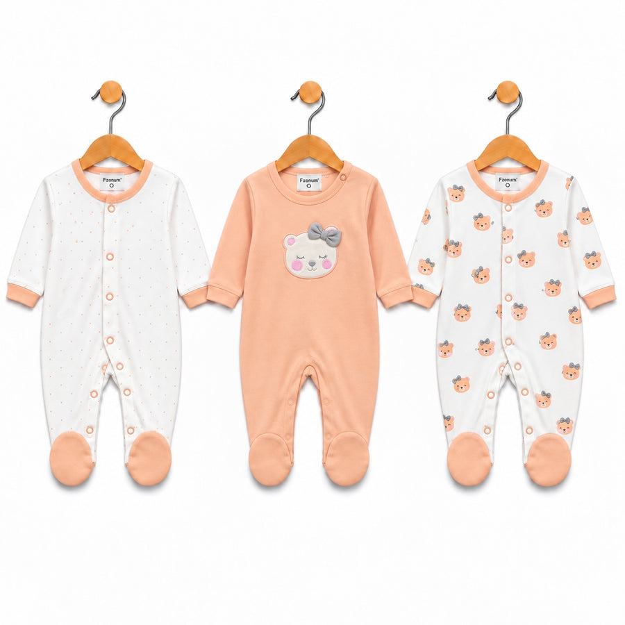 Bear – Peach & White baby footed romper