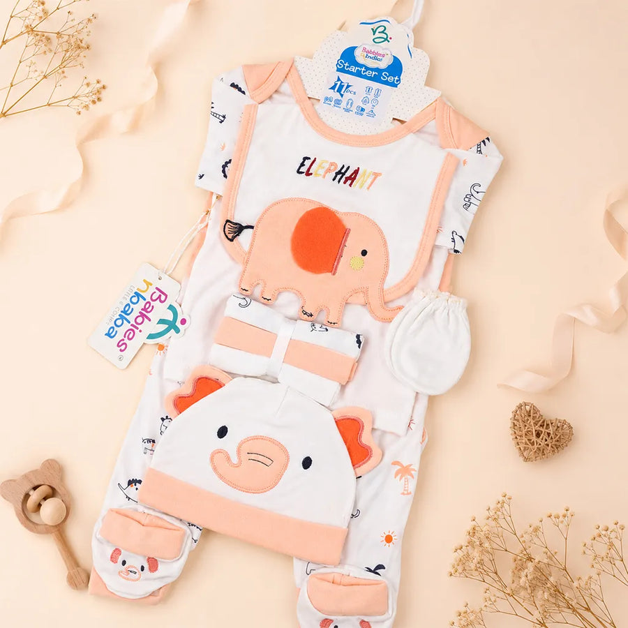BABY STARTER SET 11 PIECES ELEPHANT PRINT PEACH
