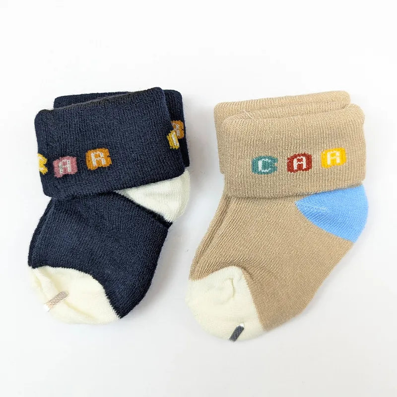 2 PACK SOFT COTTON BABY SOCKS WITH FOLD OVER CUFFS (BEIGE & BLACK) 0-12M