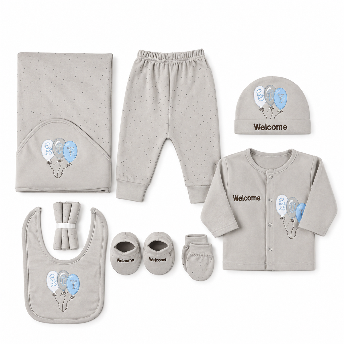 STARTER SET 11 PIECES BABY NEW BORN ESSENTIALS WELCOM BABY PRINT GREY COLOUR