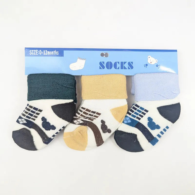 3 PACK BABY BOY SOCKS - FOREST GREEN, MUSTARD & SKY BLUE MICKY PRINTED (0-12M)