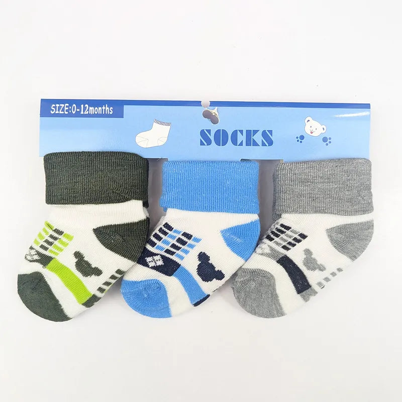 3 PACK BABY BOY SOCKS - GREY, SKY BLUE & OLIVE GREEN MICKY PRINTED (0-12M)