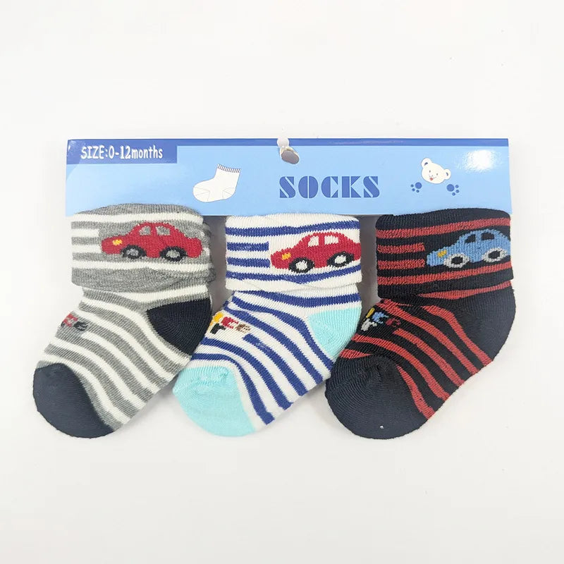 3 PACK BABY BOY SOCKS-GREY/BLACK & BLUE STRIPED CAR PRINT (0-12M)