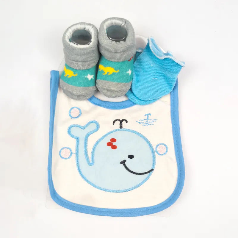 3-PIECE BABY GIFT SET CUTE SKY BLUE DOLPHIN PRINT (BIB, SOCKS & MITTENS)