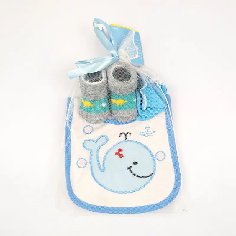 3-PIECE BABY GIFT SET CUTE SKY BLUE DOLPHIN PRINT (BIB, SOCKS & MITTENS) - image 2