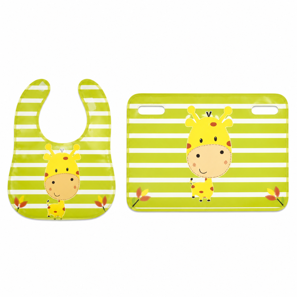 BABY BIB & MAT SET CUTE GIRAFFE PRINT GREEN (BPA FREE) NON TOXIC WATERPROOF