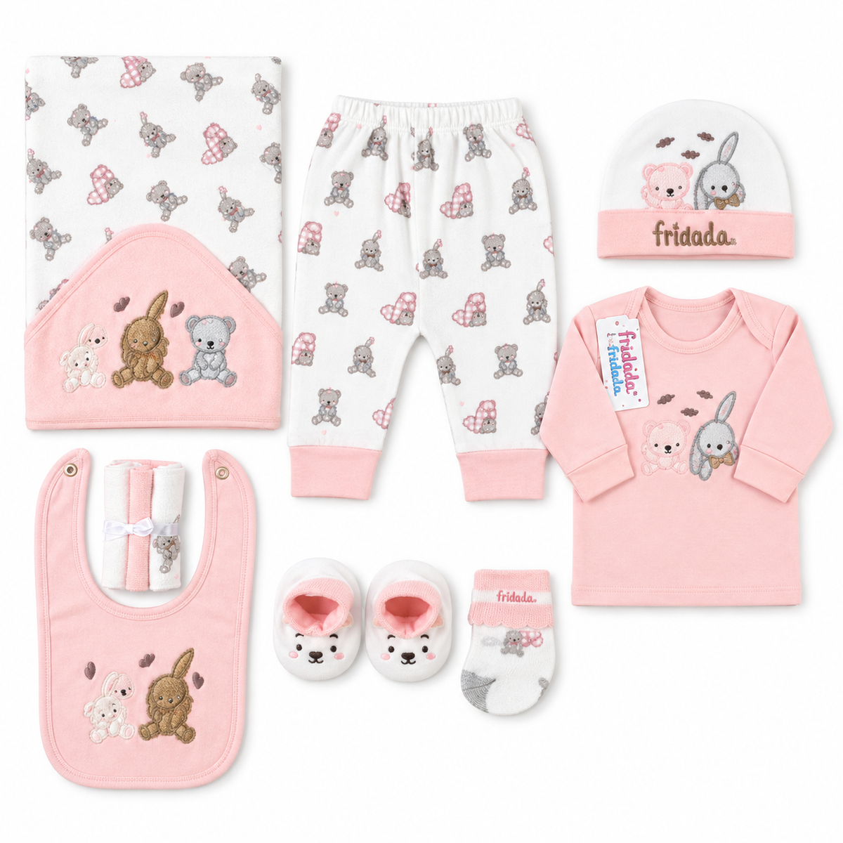 STARTER SET 11 PIECES BABY NEW BORN ESSENTIALS RABBIT BEAR PRINT PINK COLOUR