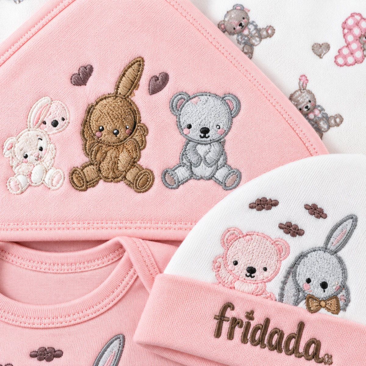 STARTER SET 11 PIECES BABY NEW BORN ESSENTIALS RABBIT BEAR PRINT PINK COLOUR