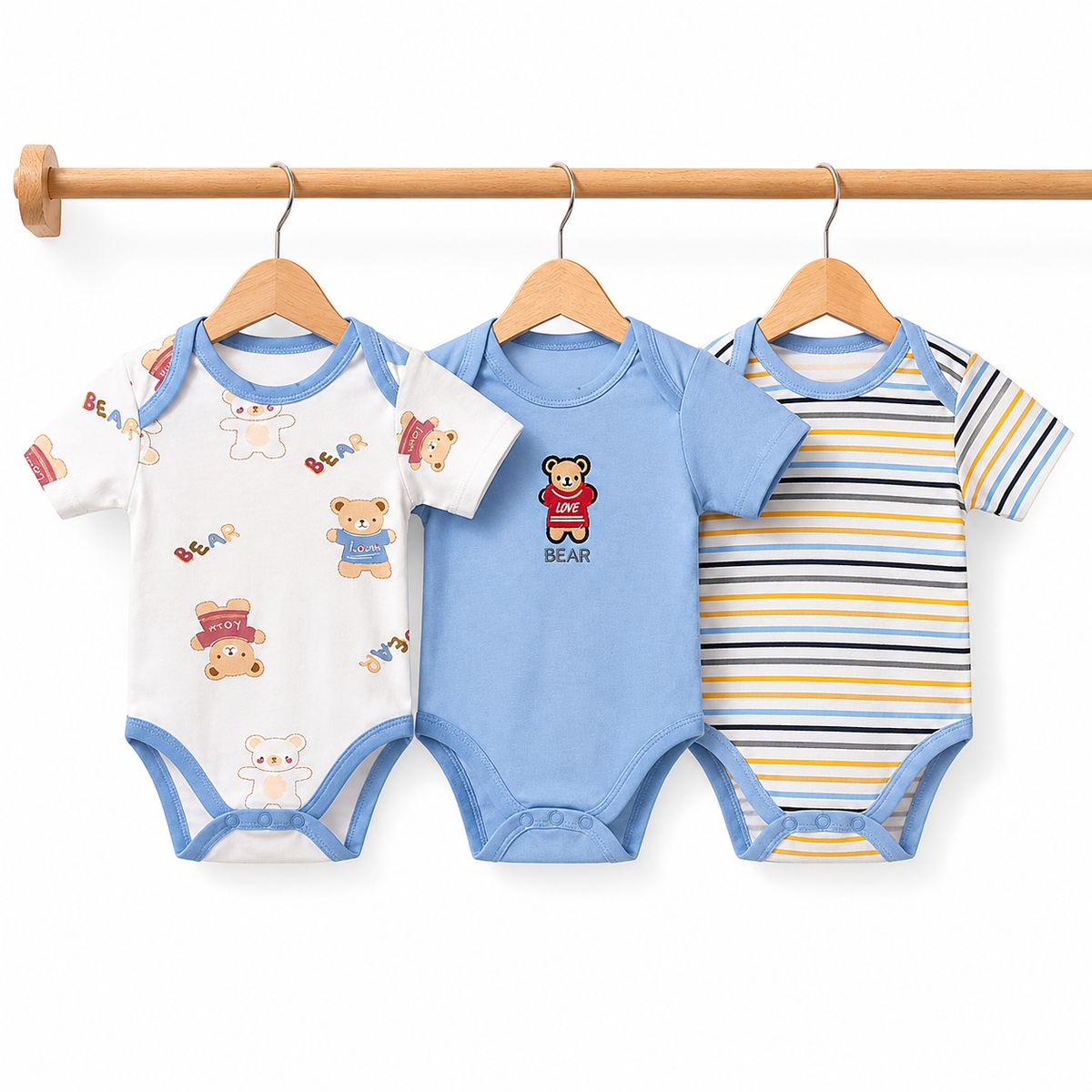 Half-Sleeve Cotton Baby Bodysuits 3-Pack – Light Blue Bear