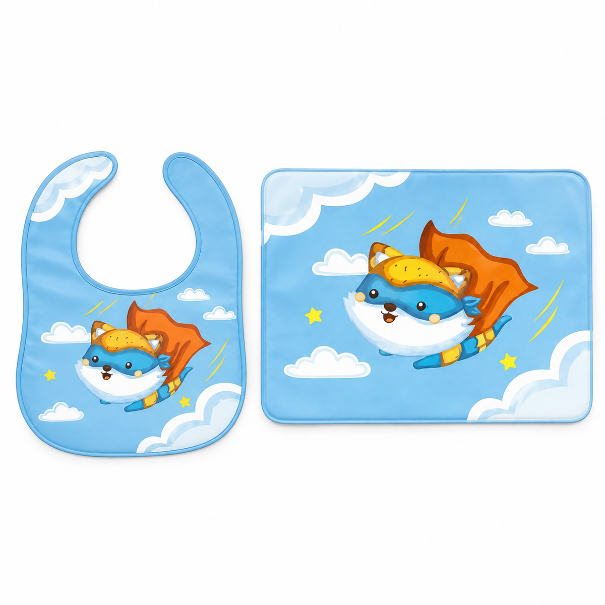 BABY BIB & MAT SET SUPER FOX PRINT SKY BLUE (BPA FREE) NON TOXIC WATERPROOF