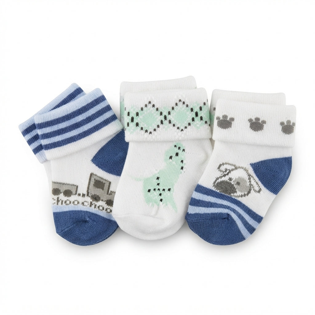 PACK OF 3 COTTON SOCKS-CHOO CHOO TRAIN, DOG & ARGYLE PRINTED (0-12M)