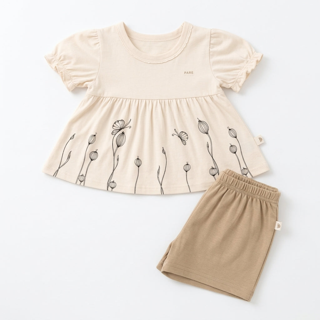 Imported Baby Girls Cotton Frock & Shorts - Cream Butterfly