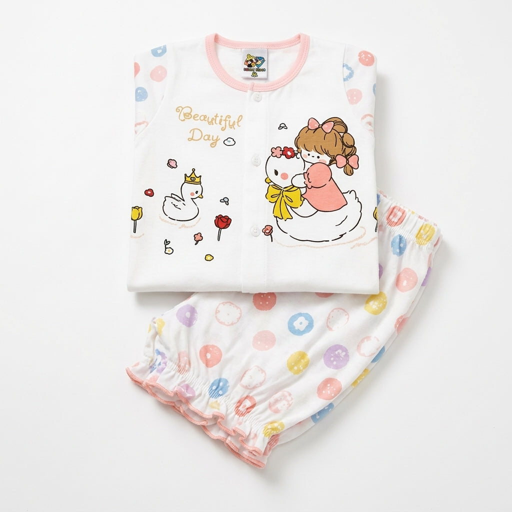 IMPORTED 100% COTTON SUMMER GIRL HALF SLEEVE SUIT SWAN FLORAL PRINT (WHITE & PINK)