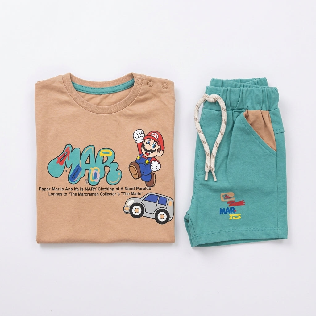 Imported Fabric Mario Summer Outfit - Beige & Teal
