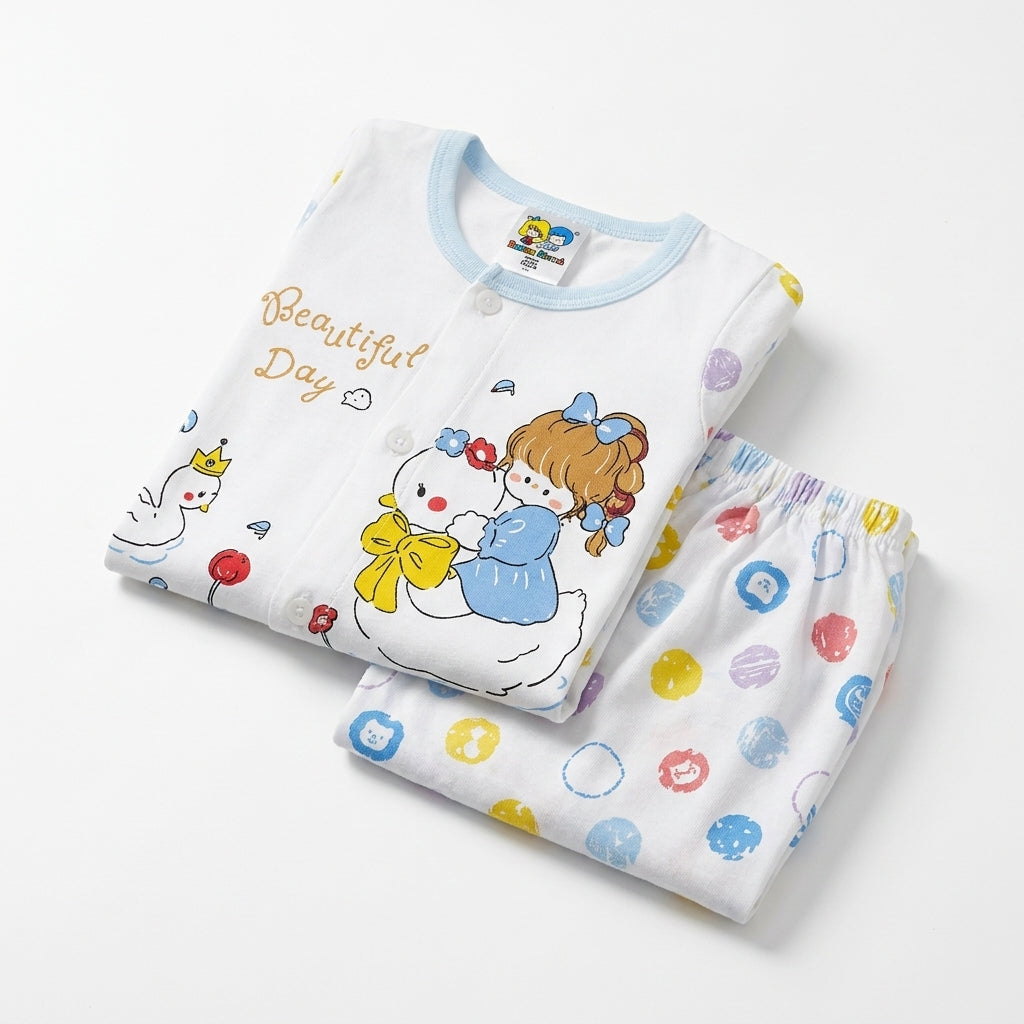IMPORTED 100% COTTON SUMMER BABY GIRL HALF SLEEVE SUIT SWAN PRINT (WHITE & SKY BLUE)