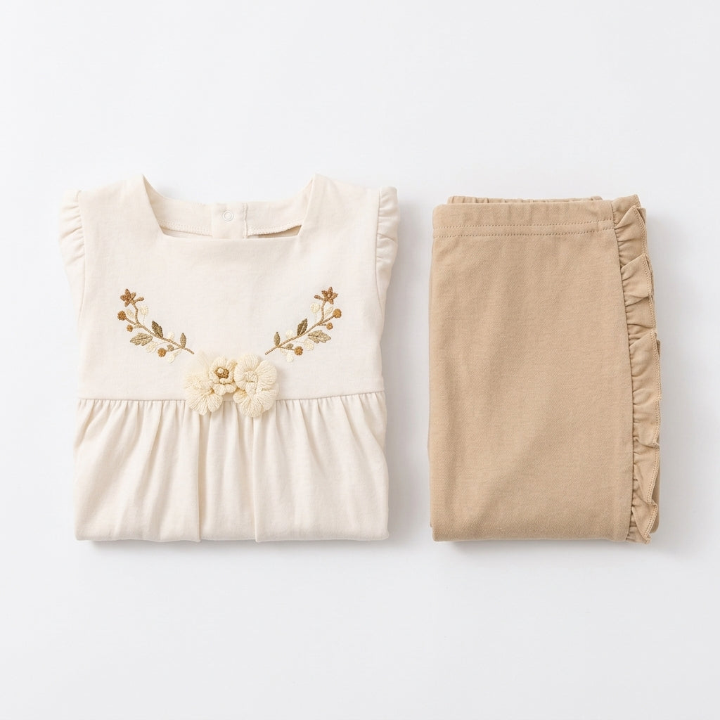IMPORTED ELEGANT BABY GIRL SOFT COTTON FROCK DRESS SET IVORY BLOSSOM THEM